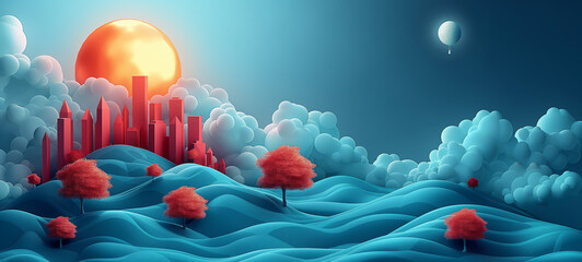 Wall Mural - 3D rendering of a glowing futuristic building with a night city skyline in the background