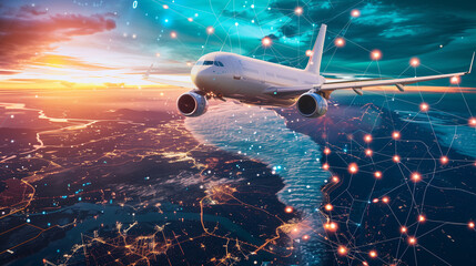 Poster - Airplane flying over a digital map of glowing connections during sunset, representing global communication