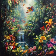 Poster - Lush tropical landscape with vibrant flora and fauna.