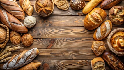 Overhead view of various types of bread on a wooden surface, bread, assortment, bakery, food, assortment, baked, variety, crusty