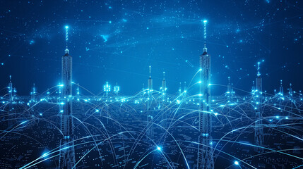 Sticker - Futuristic digital city with glowing towers connected by a network of data links