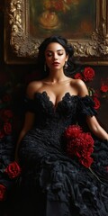 A stunning woman in a black gown surrounded by red roses, exuding elegance and beauty in a classic setting.