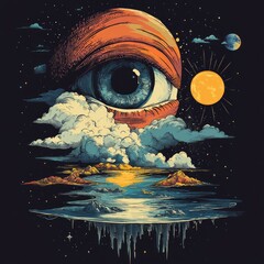 Poster - Surreal eye above a cosmic landscape with celestial elements.