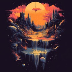 Poster - Surreal landscape with a vibrant sunset and waterfalls.