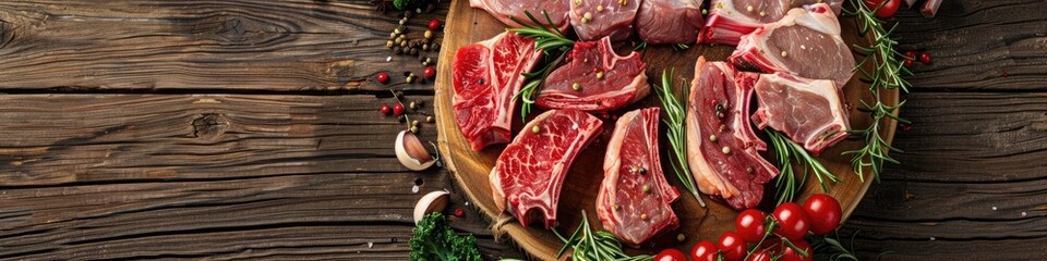 Sticker - Variety of uncooked lamb pieces arranged on a vintage wooden board