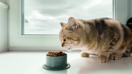 Wall Mural - red ginger striped cat eating from bowl on window sill