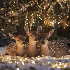 Poster - Three fawns resting under a snowy tree adorned with twinkling lights.