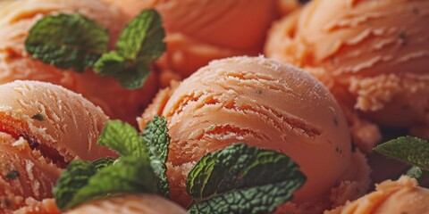 Canvas Print - Close up of persimmon ice cream sorbet and fresh mint leaves