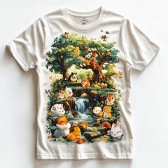 Sticker - T-shirt design featuring cute animals in a vibrant forest scene with a waterfall.