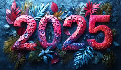 Colorful 2025 numbers surrounded by vibrant tropical leaves.