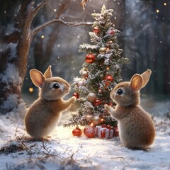 Sticker - Two cute rabbits decorating a snowy Christmas tree in a magical forest setting.