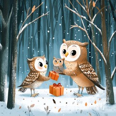 Poster - Two cute owls in a snowy forest exchanging gifts with a small owl.