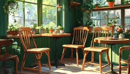 Sunlit cozy coffee shop featuring wooden chairs and lush greenery, creating a warm ambiance and inviting leisure spot for relaxation