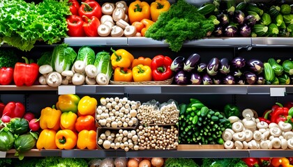 Wall Mural - Vibrant display of fresh vegetables and mushrooms on market shelf promoting healthy eating and organic choices