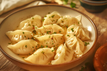 Top View of a Plate of Dumplings, Captured in Photorealistic Still Life Style, Featuring Villagecore and Cabincore Aesthetics, UHD Installation-Based Design with RTX On for Rich Texture and Detail