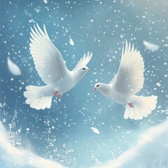 Sticker - Two white doves flying gracefully in a snowy, serene environment.