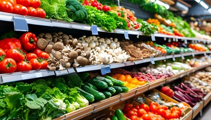 Vibrant display of fresh vegetables and mushrooms on market shelf promoting healthy eating and organic choices