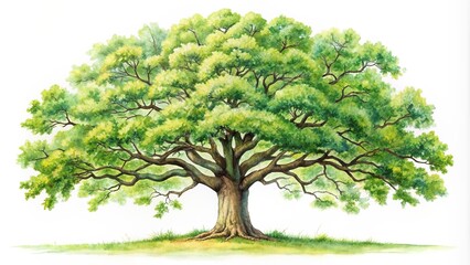 A detailed watercolor painting of an oak tree with vibrant green leaves and intricate branches set against a clean white background, white background, tree trunk, detailed, artistic