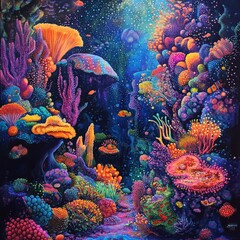 Wall Mural - Vibrant underwater coral reef scene filled with marine life.