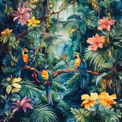 Poster - Vibrant tropical scene with colorful parrots and flowers.