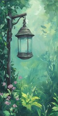 Wall Mural - A serene lantern hanging amidst lush greenery, inviting tranquility in a vivid, enchanting forest atmosphere.