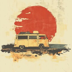 Wall Mural - Vintage van against a large sun backdrop.