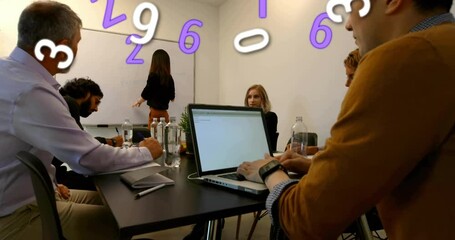 Wall Mural - Animation of numbers over diverse collleagues having meeting in office