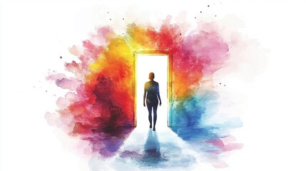 A silhouette standing before a vibrant, colorful doorway, symbolizing new opportunities and personal transformation.