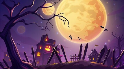 A spooky Halloween cartoon background with a prominent moon. The moon is shining brightly in the night sky, casting an eerie glow