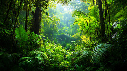 Wall Mural - A dense Amazon rainforest with a variety of tropical plants, including towering trees and vibrant green foliage 