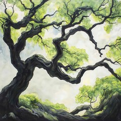 Wall Mural - A captivating artwork featuring an intricate tree with sprawling branches and lush green leaves under a serene sky.