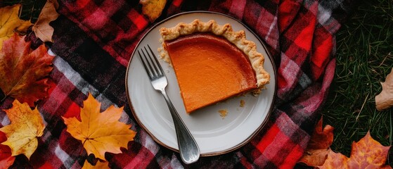 Wall Mural - Autumn Delight: Pumpkin Pie on a Cozy Picnic Blanket