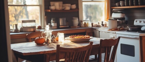 Wall Mural - Cozy Autumn Kitchen Scene with Homemade Pie and Pumpkin