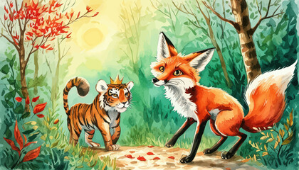 Wall Mural - Fox and Tiger Meet in the Forest