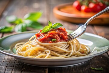 Wall Mural - A medium shot stock photo of a delicious forkful of spaghetti with tomato sauce and basil displayed on a plate, traditional, tomato, close-up, basil leaves, homemade, Mediterranean