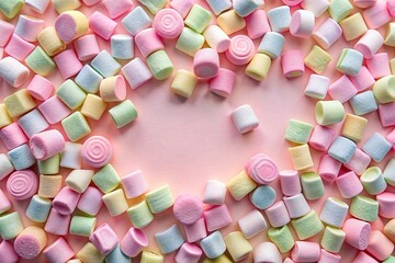 Wall Mural - marshmallow, delicious, candy, Macro shot of a vibrant pastel pink background adorned with an abstract pattern of marshmallows and candy perfect for a playful and whimsical stock photo