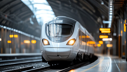 A modern train arriving at a sleek underground station with bright lights and a vibrant atmosphere, showcasing urban transit.