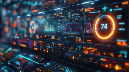 Futuristic digital interface with glowing graphs, charts, and data.