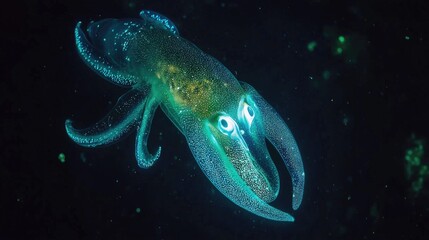 Glowing bioluminescent vampire squid in deep ocean