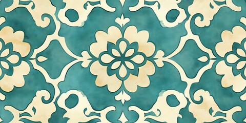 Blue teal and White Floral Ceramic Tile Pattern