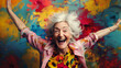 © Art of Ngu - Happy grandma having fun laughing smiling dancing on bright background. Happy older generation concept