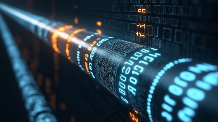 Data Flow: Digital Pipeline: A mesmerizing abstract image of a digital pipeline, glowing with blue and orange data streams, symbolizing the continuous flow of information in the modern world.  