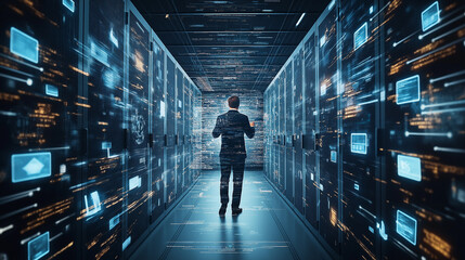 The power of digital technology with a focus on a software engineer utilizing a computer with lines of code, data analysis, and AI algorithms to improve business operations