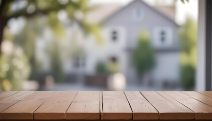 Minimal Scandinavian contemporary empty wooden table with sunlight. Simplistic , balcony, outdoor, garden, green view. window.