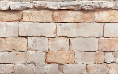 A textured close-up of a rustic stone wall composed of unevenly shaped blocks in soft beige tones.