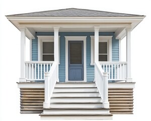 Charming blue house with a welcoming porch and white railings, perfect for capturing the essence of home and comfort.