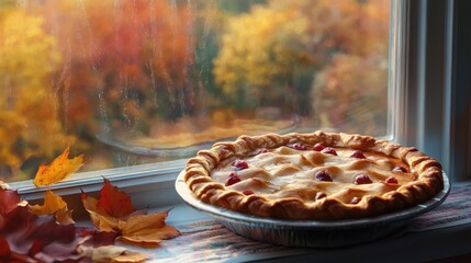 Wall Mural - Autumn Pie on a Windowsill with Falling Leaves