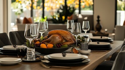 Wall Mural - Elegant Thanksgiving Dinner Table Setting with Roasted Turkey