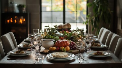 Wall Mural - Cozy Autumn Thanksgiving Table Setting with Seasonal Decor