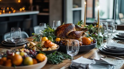 Wall Mural - Elegant Thanksgiving Dinner Table Setting with Roasted Turkey